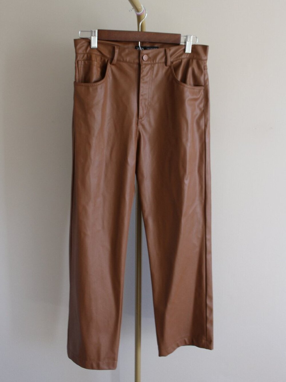 Women's Zara Faux Leather Caramel Straight Leg Pant, Size Medium